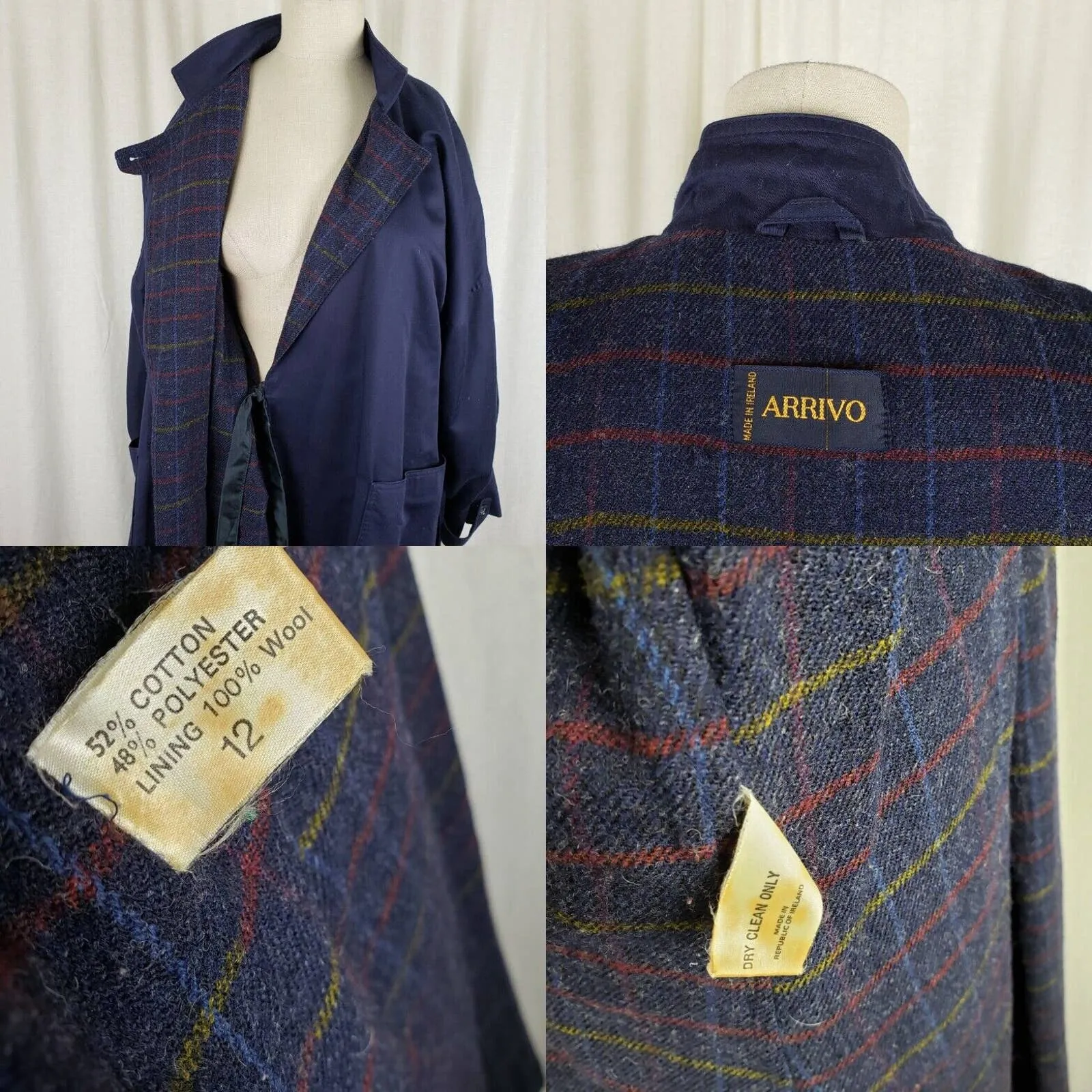 Arrivo 80s Belted Tie Cotton Trench Coat Wool Flannel Lined Womens 12 Ireland