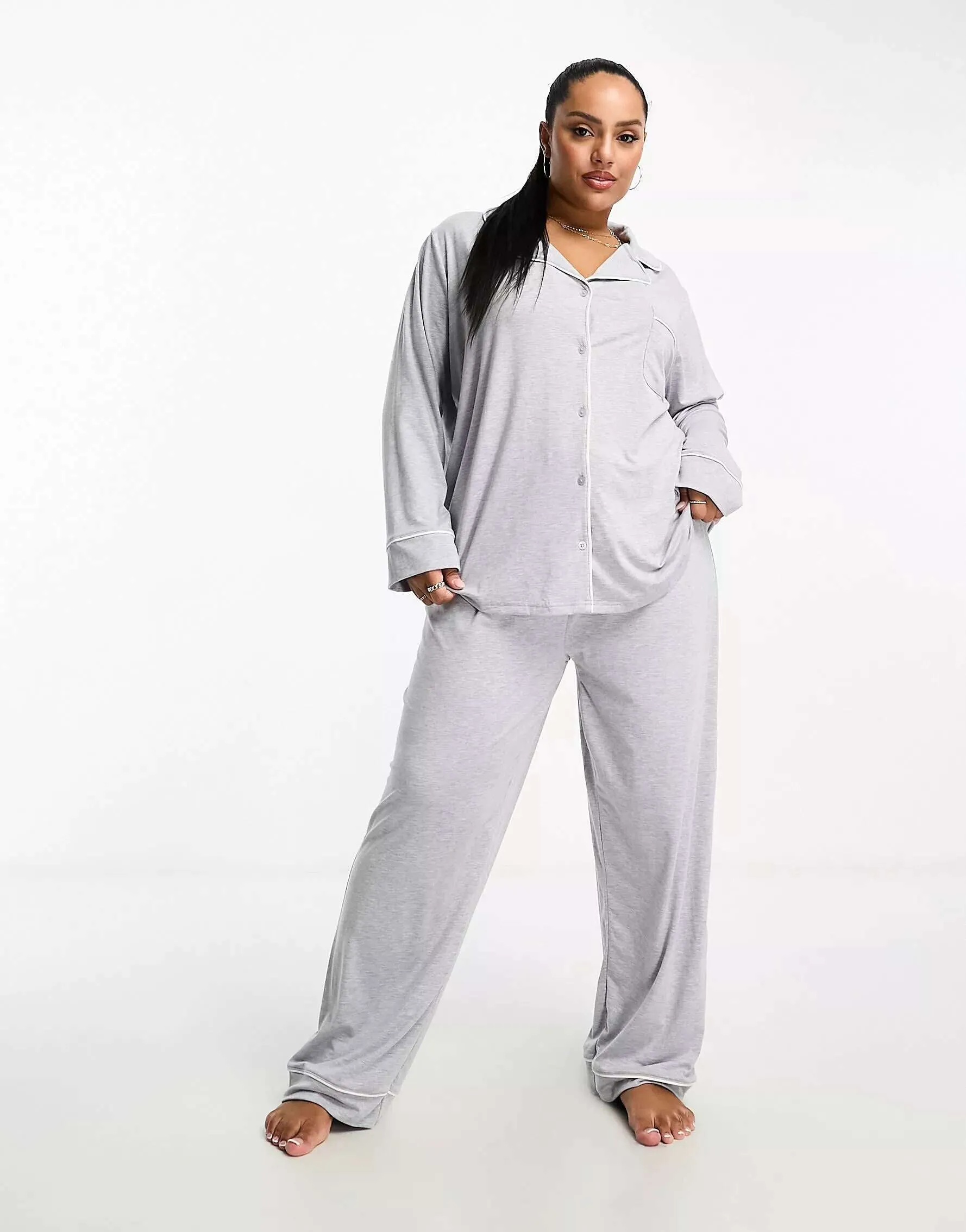 ASOS DESIGN Curve Soft Knit Long Sleeve Shirt and Pants Pajama Set with Gray Contrast Piping