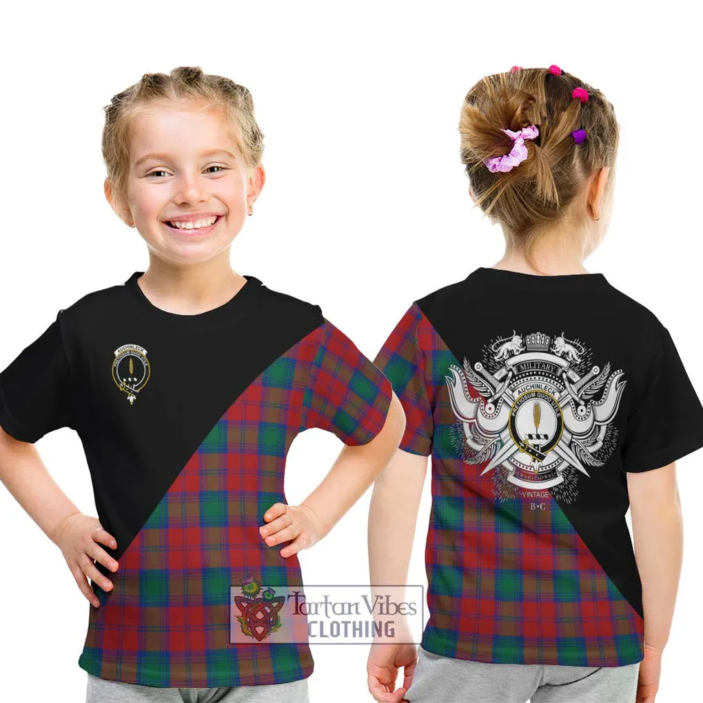 Auchinleck (Affleck) Tartan Kid T-Shirt with Family Crest and Military Logo Style