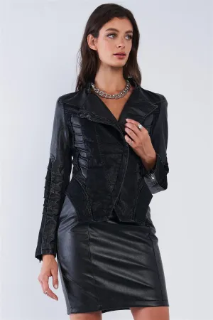 Black Asymmetrical Ribbed Corset Inspired Oblique Zipper Pleated Trim Moto Jacket /2-2-1