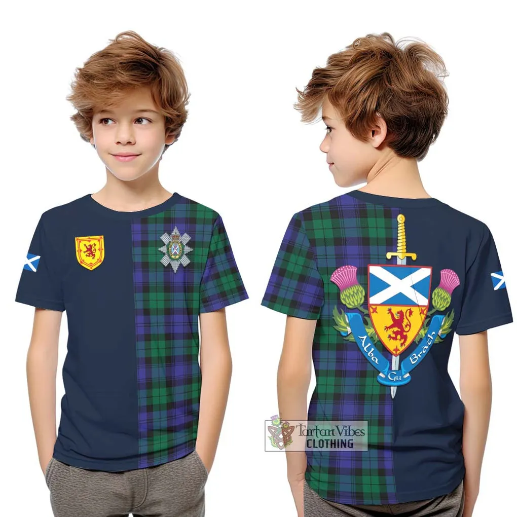 Black Watch Modern Tartan Kid T-Shirt Alba with Scottish Lion Royal Arm Half Style