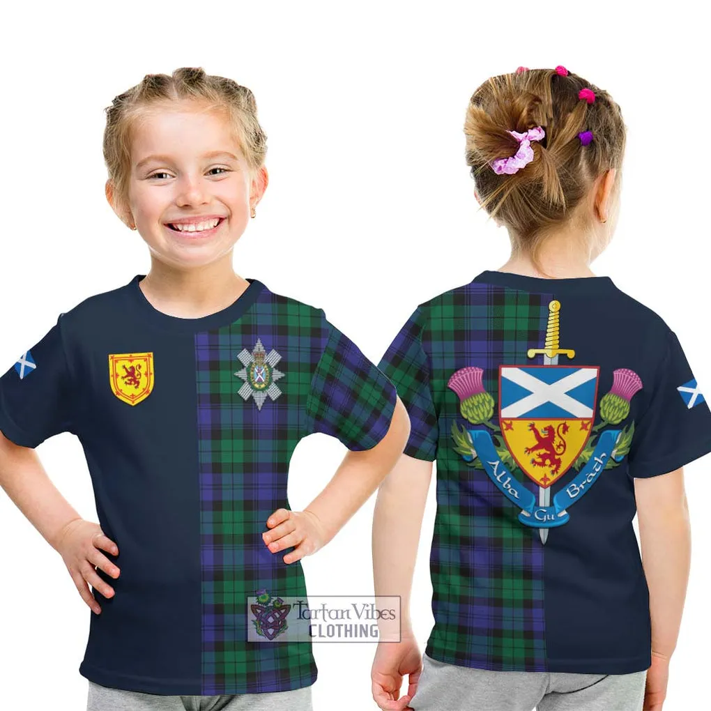 Black Watch Modern Tartan Kid T-Shirt Alba with Scottish Lion Royal Arm Half Style