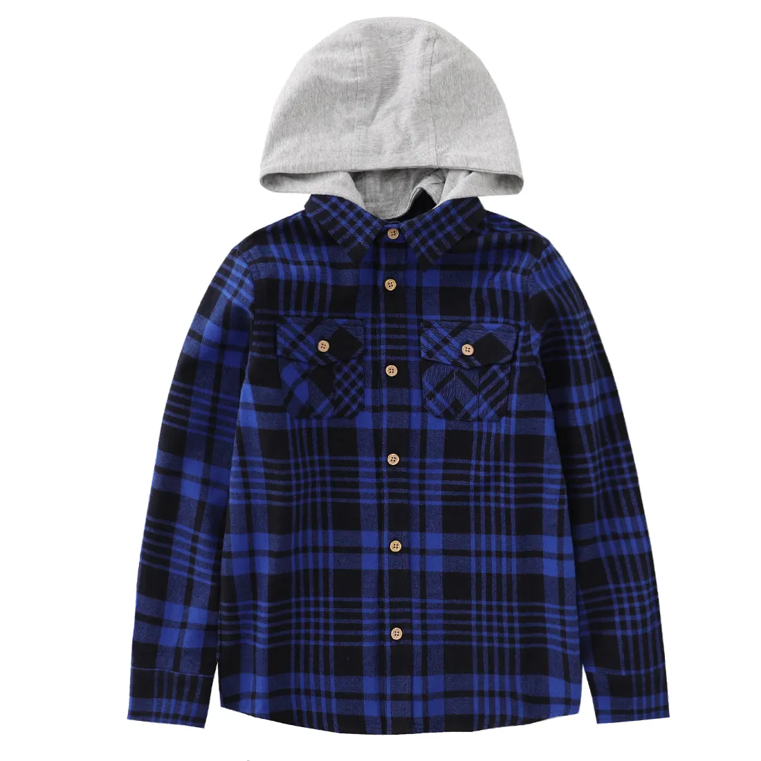 Boy Red/Navy/Black/Green Plaid Long Sleeve Flannel Shirts With Hoodie