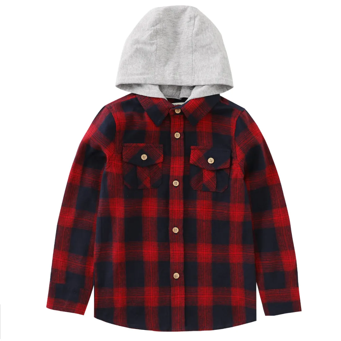 Boy Red/Navy/Black/Green Plaid Long Sleeve Flannel Shirts With Hoodie