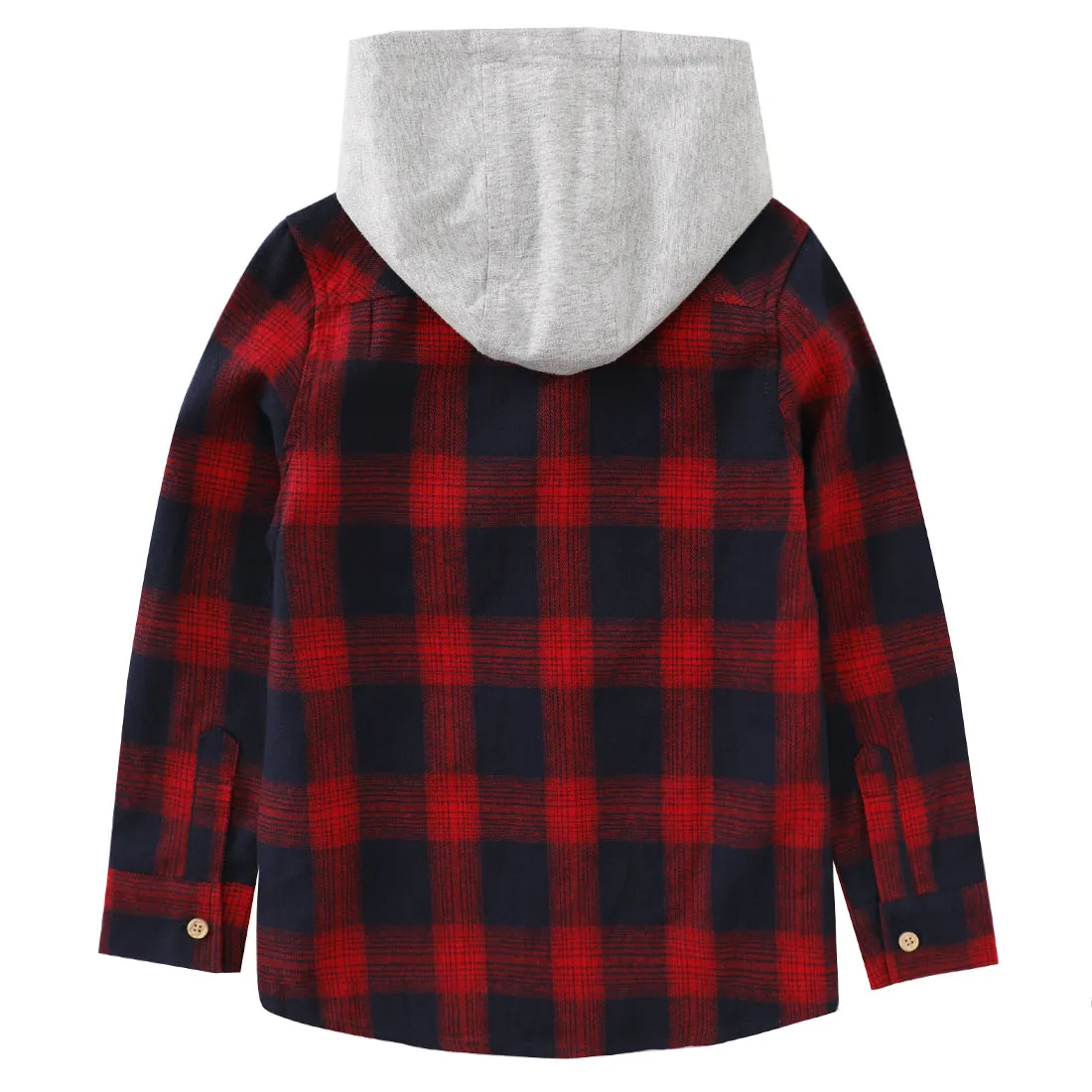 Boy Red/Navy/Black/Green Plaid Long Sleeve Flannel Shirts With Hoodie