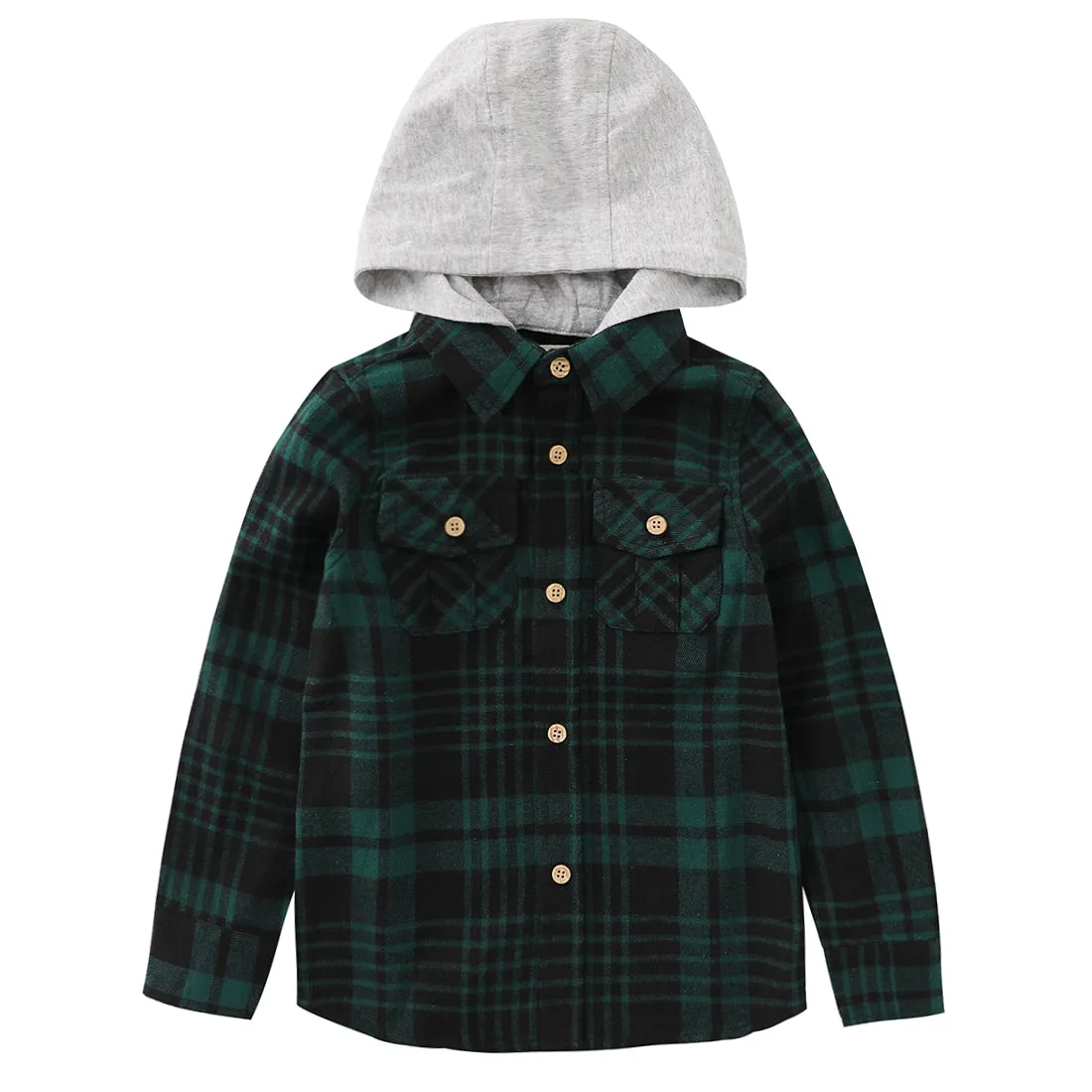 Boy Red/Navy/Black/Green Plaid Long Sleeve Flannel Shirts With Hoodie