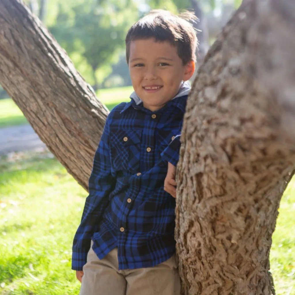 Boy Red/Navy/Black/Green Plaid Long Sleeve Flannel Shirts With Hoodie