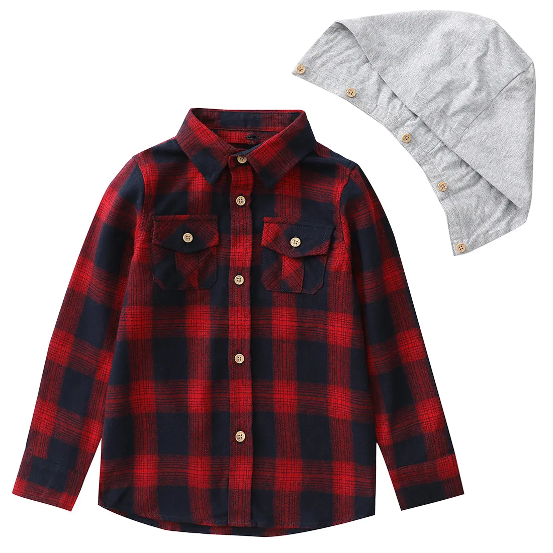 Boy Red/Navy/Black/Green Plaid Long Sleeve Flannel Shirts With Hoodie