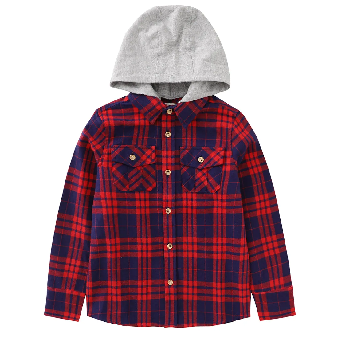 Boy Red/Navy/Black/Green Plaid Long Sleeve Flannel Shirts With Hoodie