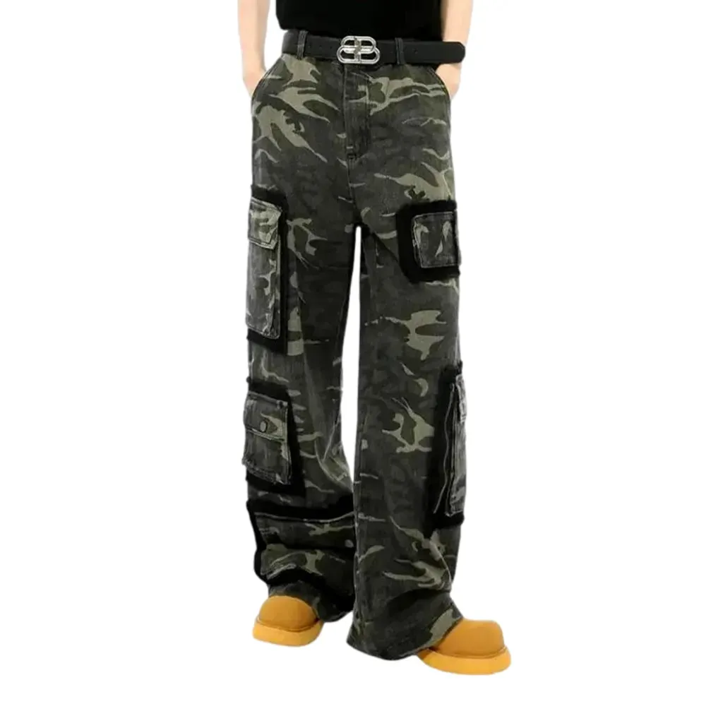 Camo pattern baggy fit men's denim pants