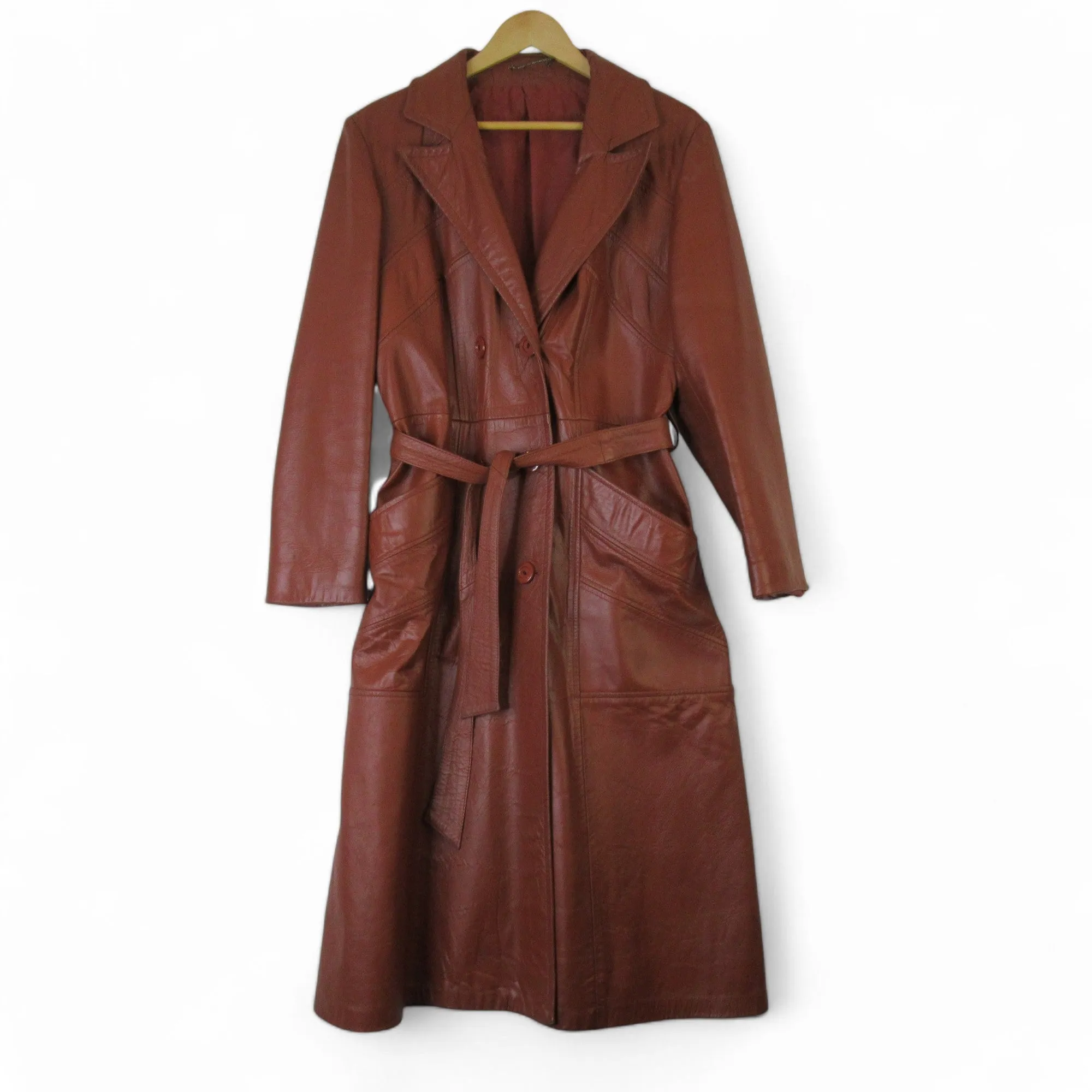 County UK 18 Brown Vintage Leather Trench Coat Womenswear | Preloved