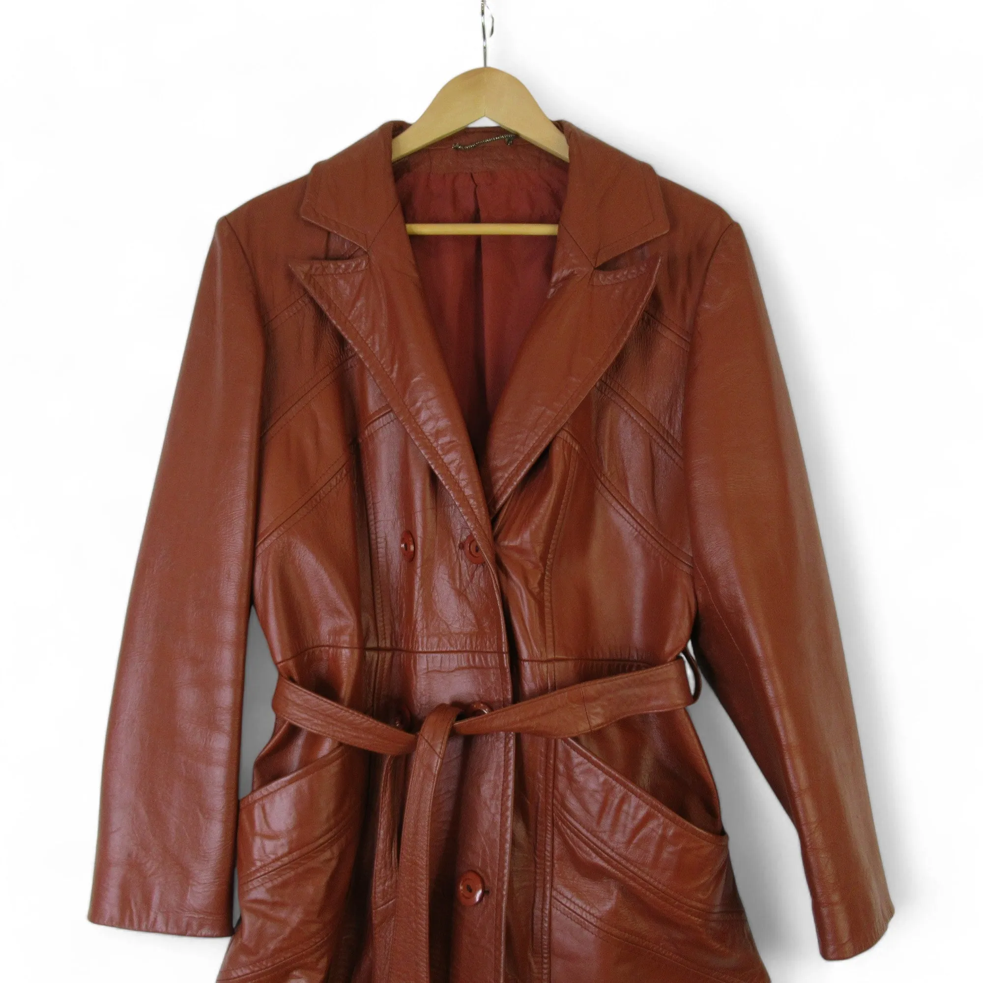 County UK 18 Brown Vintage Leather Trench Coat Womenswear | Preloved