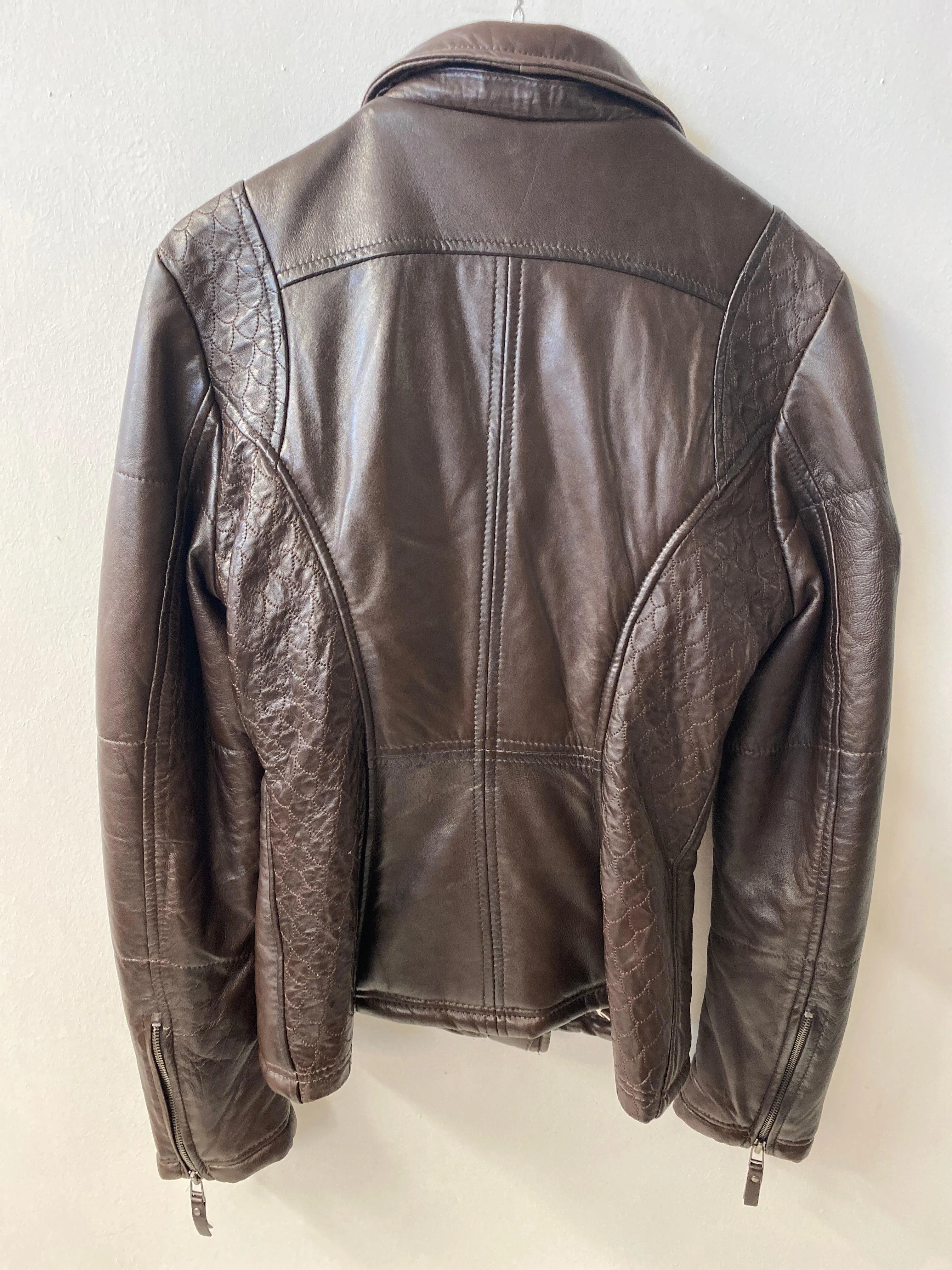 Cousins Brown Leather Biker Style Jacket Padded UK Size 10