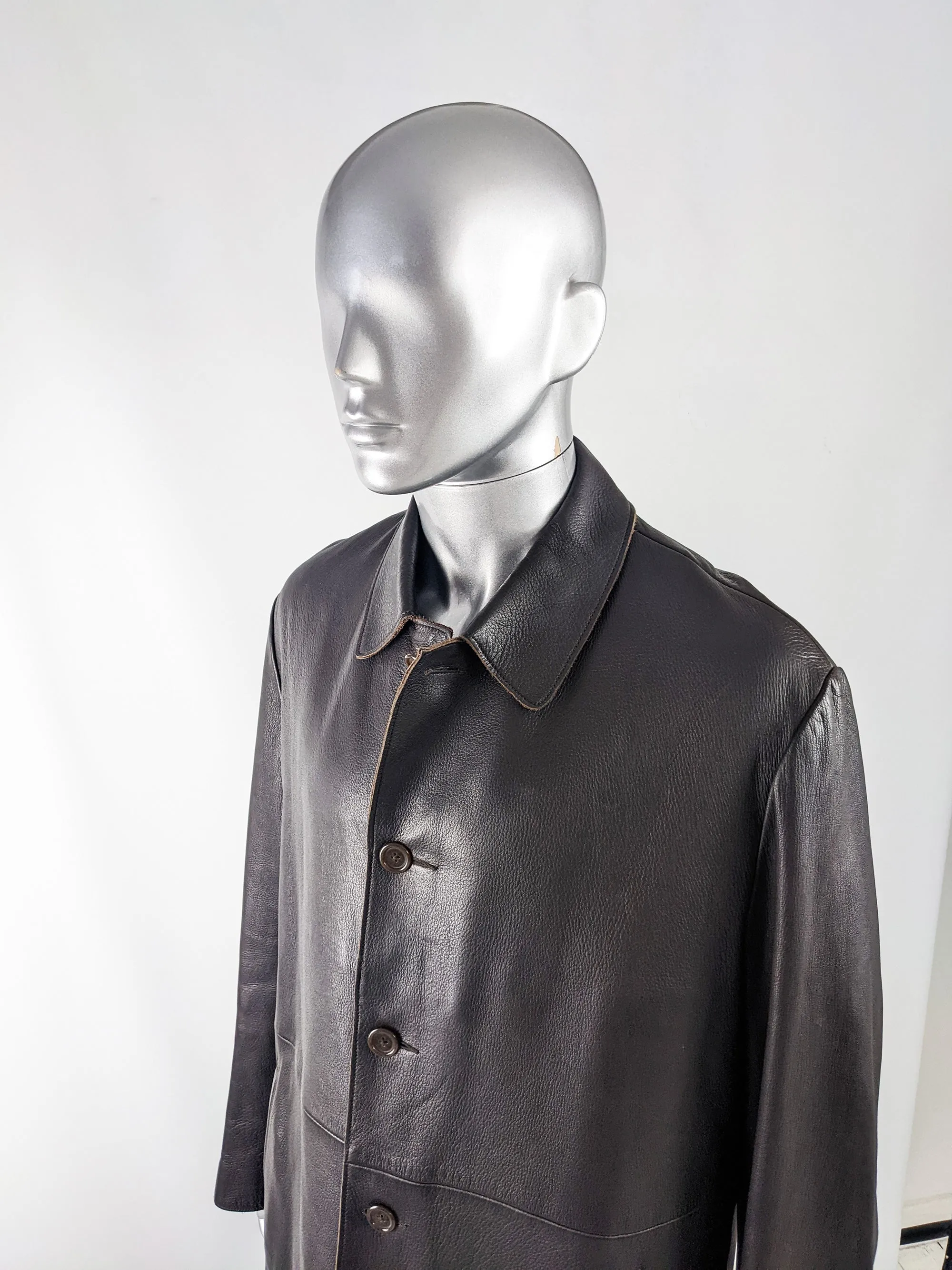 Donna Karan Vintage Mens Dark Brown Leather Coat, 1990s