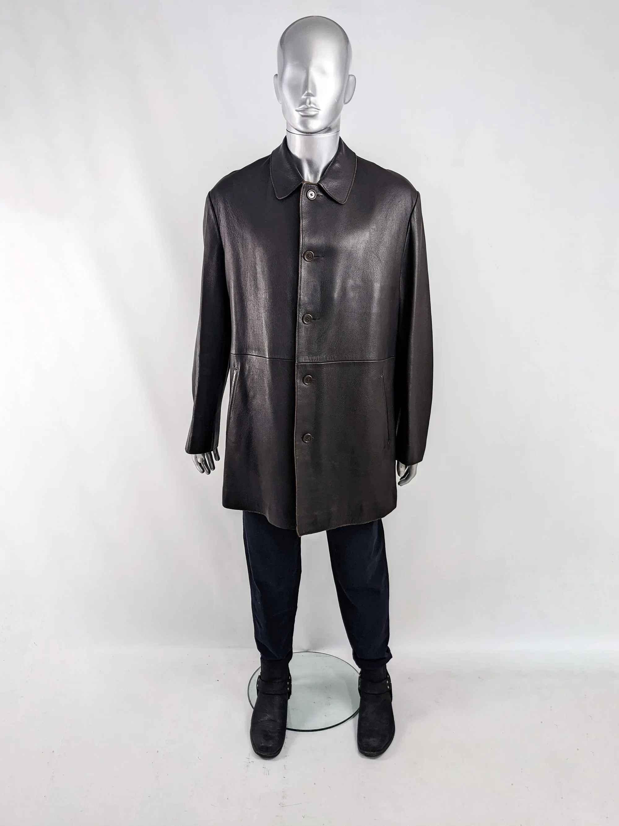 Donna Karan Vintage Mens Dark Brown Leather Coat, 1990s