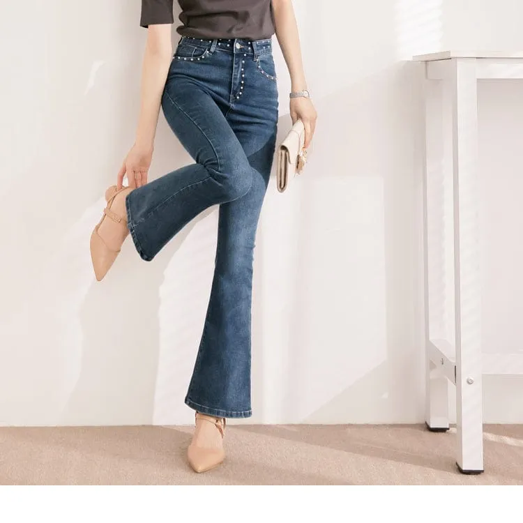 ELEGANT MEDIUM WAIST DENIM FLARED LONG PANTS