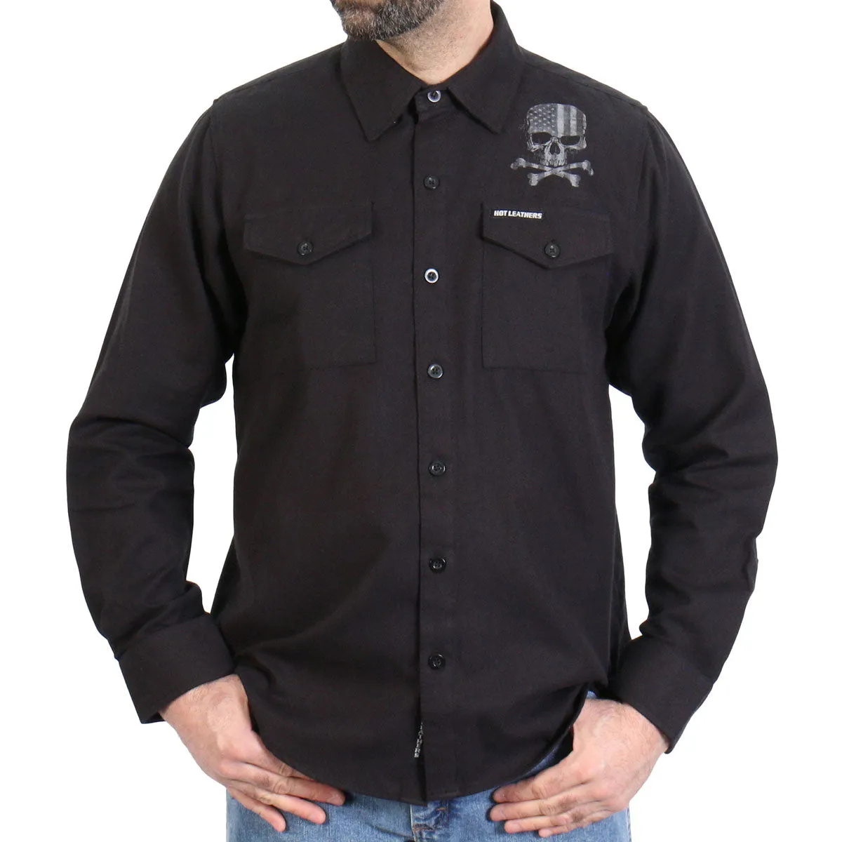 Hot Leathers FLM2113 Men's Black Flag Skull Long Sleeve Flannel Shirt