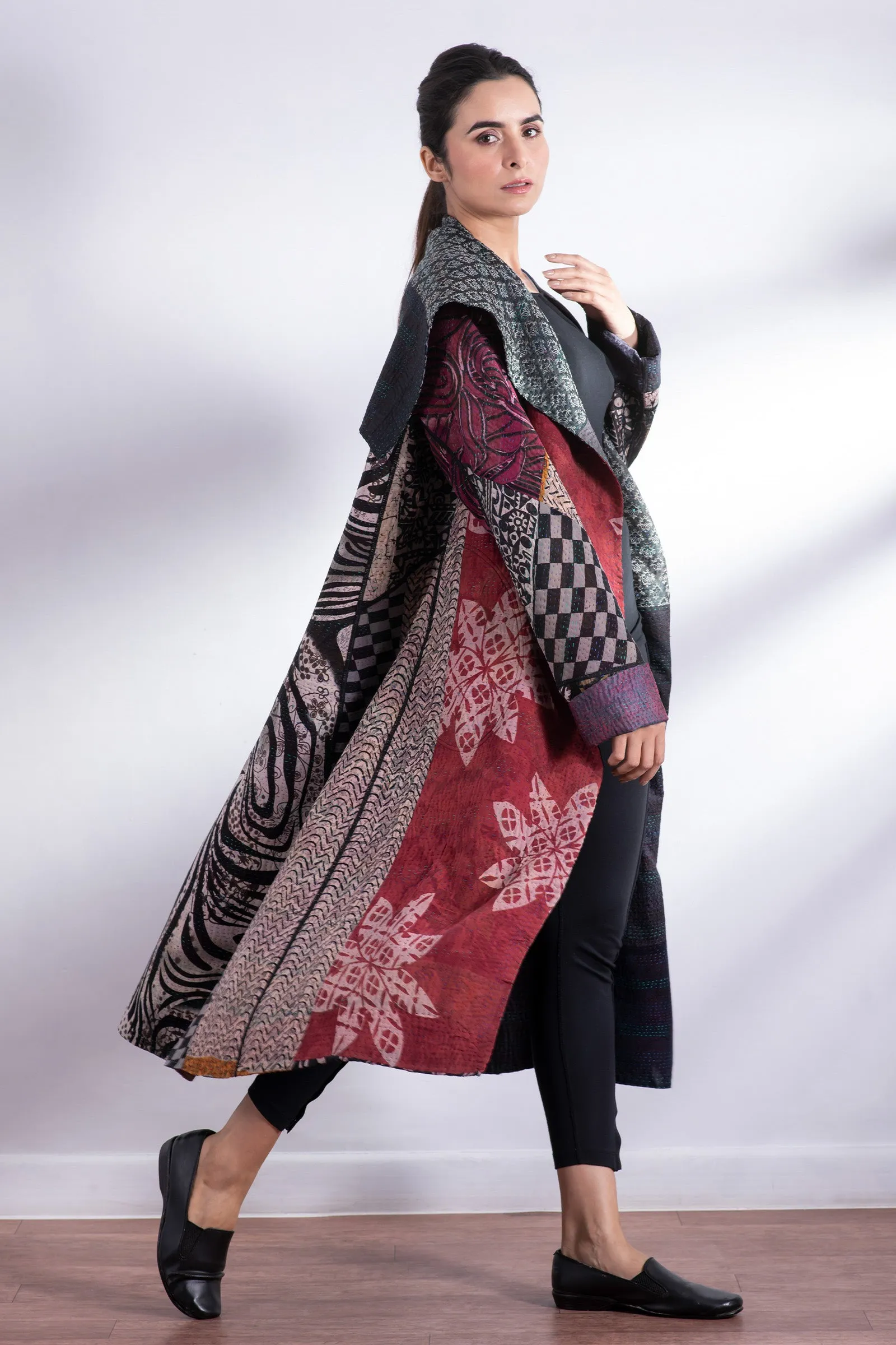 JACQUARD SILK KANTHA A-LINE LONG COAT