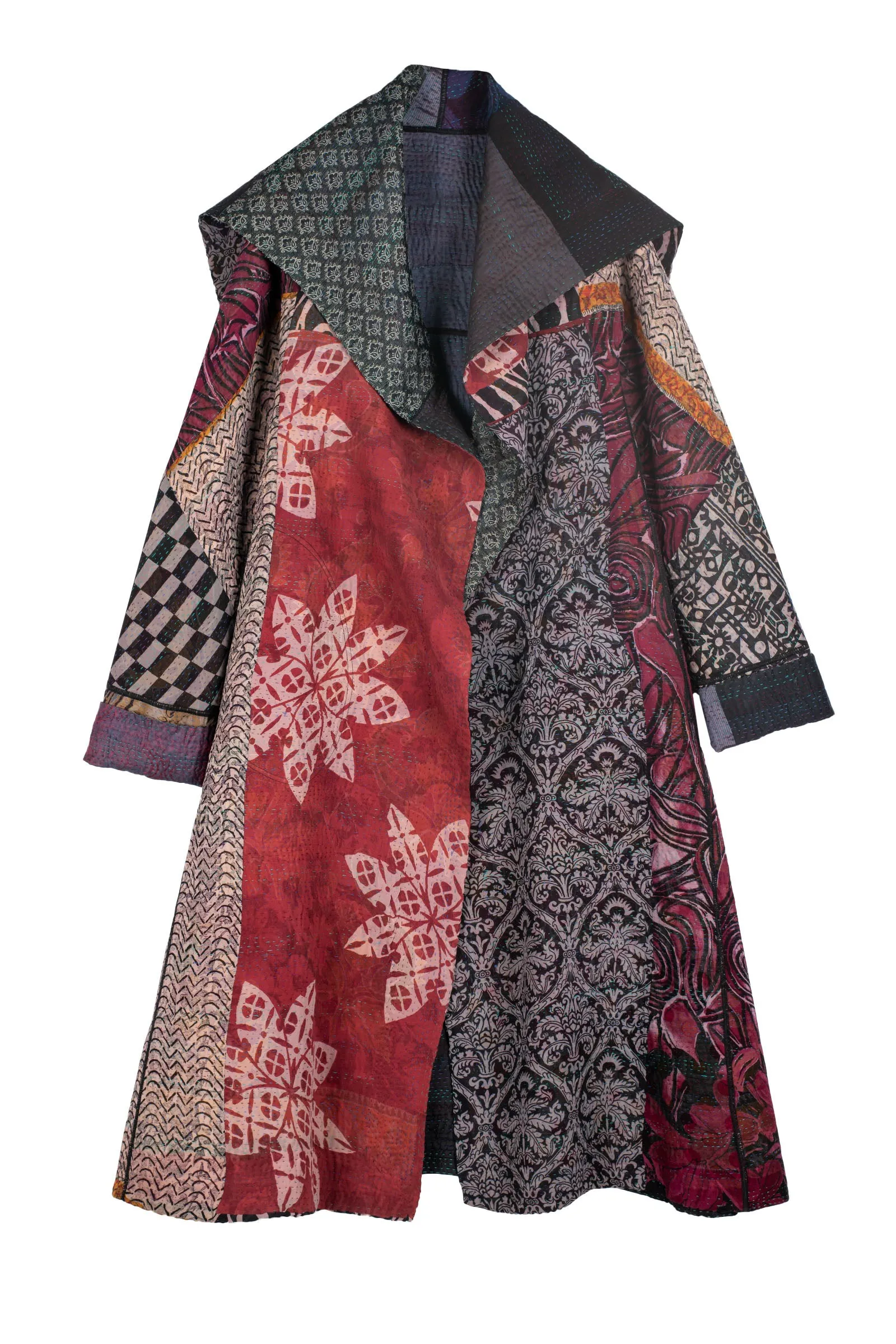 JACQUARD SILK KANTHA A-LINE LONG COAT