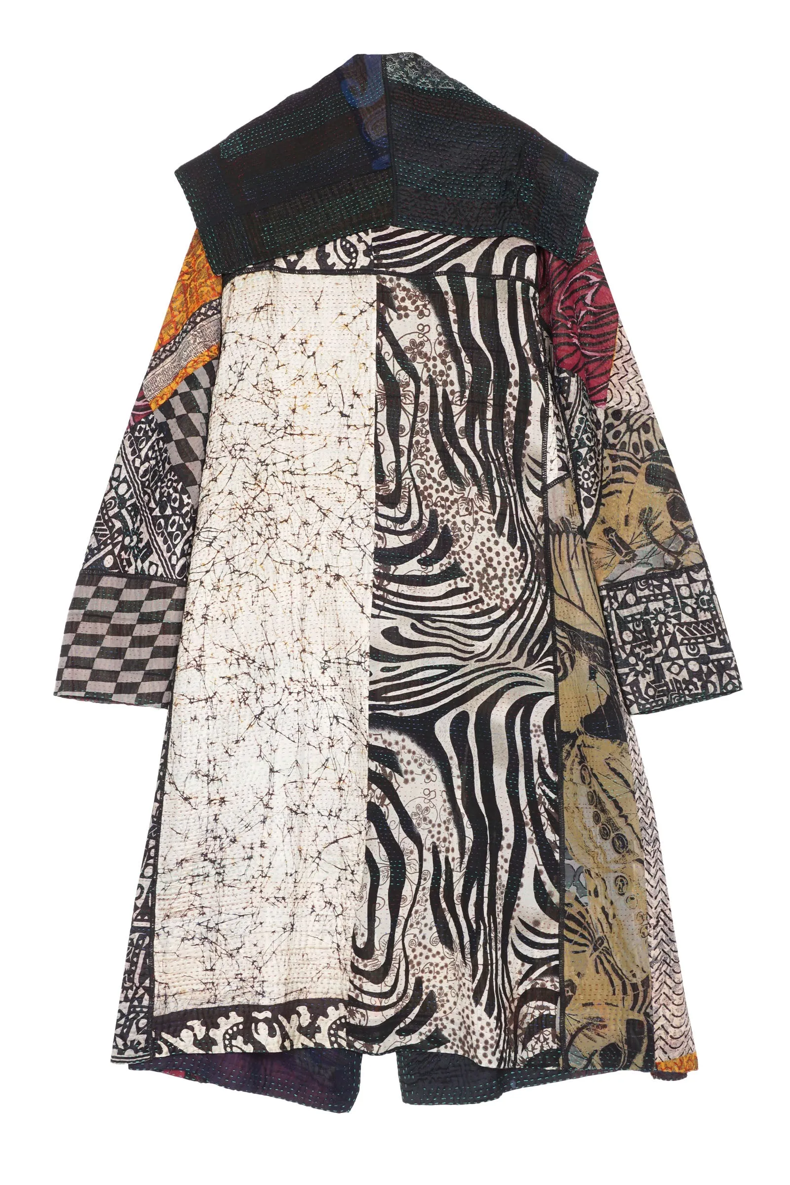 JACQUARD SILK KANTHA A-LINE LONG COAT