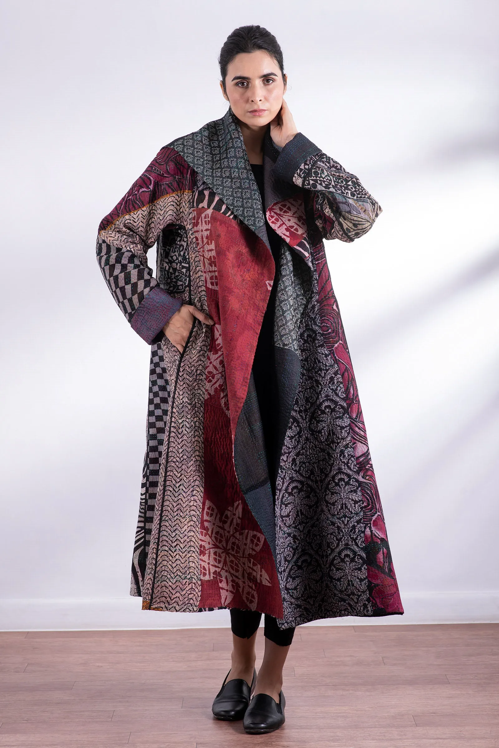 JACQUARD SILK KANTHA A-LINE LONG COAT