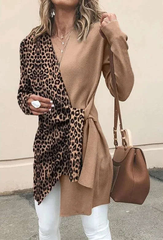 Ladies Temperament V Neck Leopard Print Hit Color Suit Personalized Women's Jacket