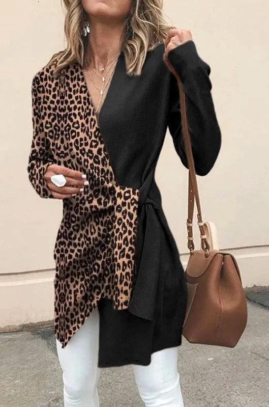 Ladies Temperament V Neck Leopard Print Hit Color Suit Personalized Women's Jacket