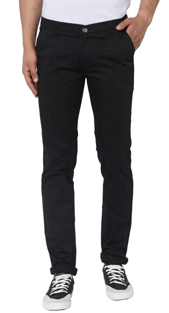 Men's Black Cotton Slim Fit Checked Trousers