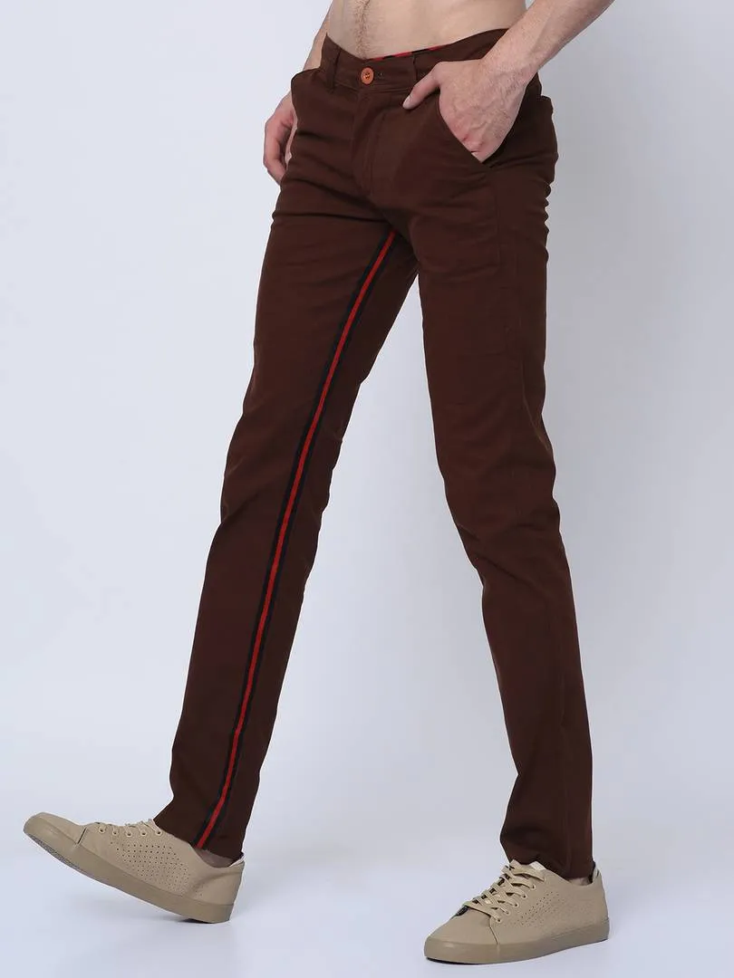 Men's Brown Cotton Blend Solid Low-Rise Slim Fit Regular Trousers