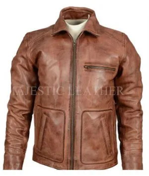 Mens Brown Distressed Leather Jacket Biker Lambskin