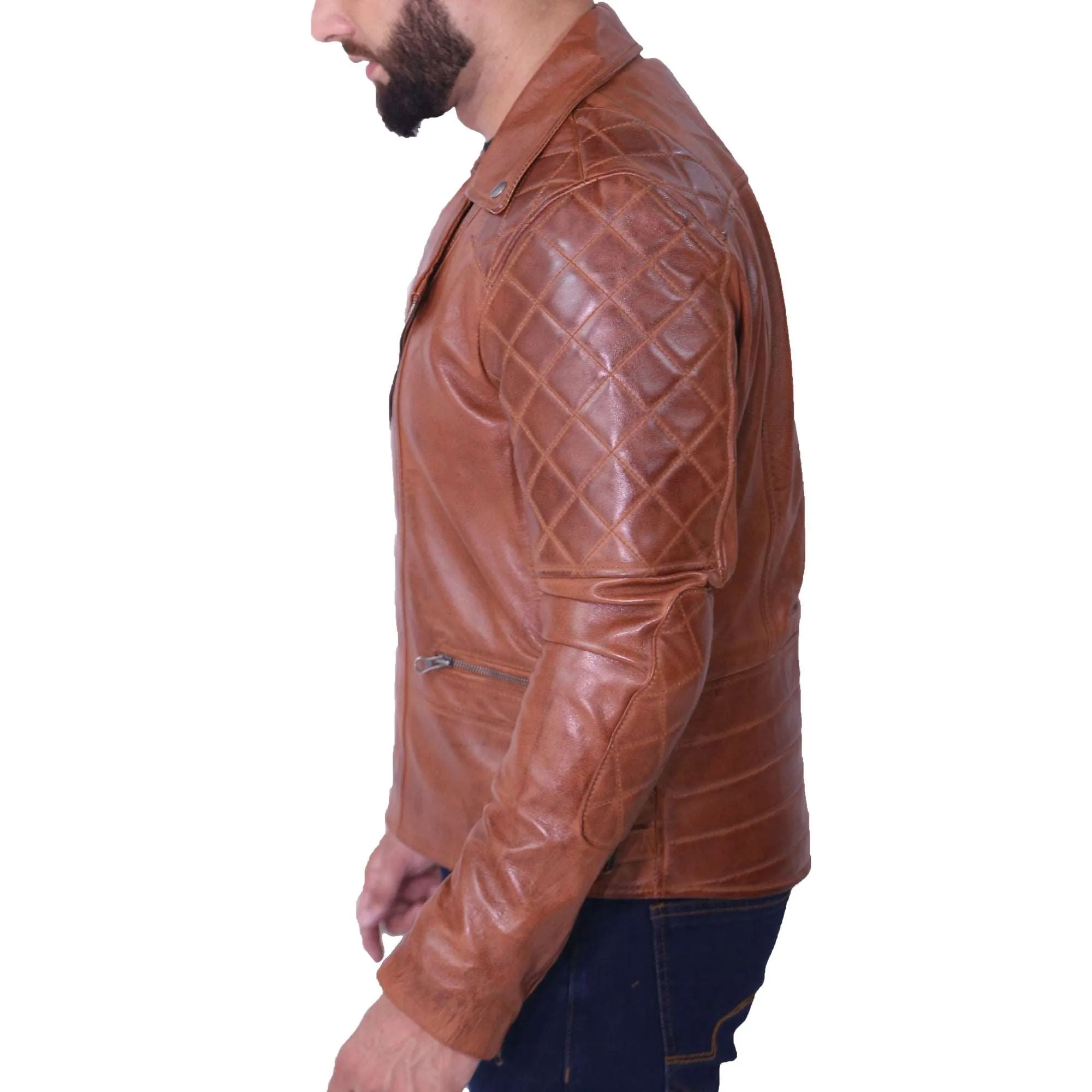 Mens Brown Quilted Asymmetrical Leather Jacket - Biker Style