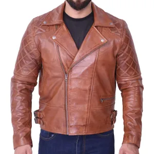 Mens Brown Quilted Asymmetrical Leather Jacket - Biker Style