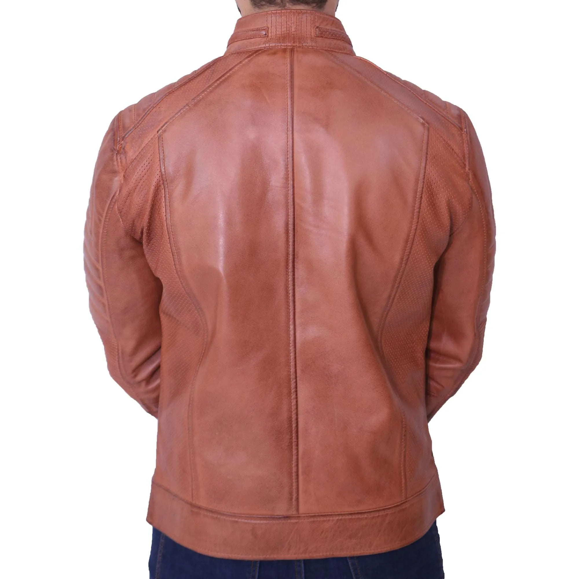 Mens Brown Quilted Asymmetrical Leather Jacket - Biker Style