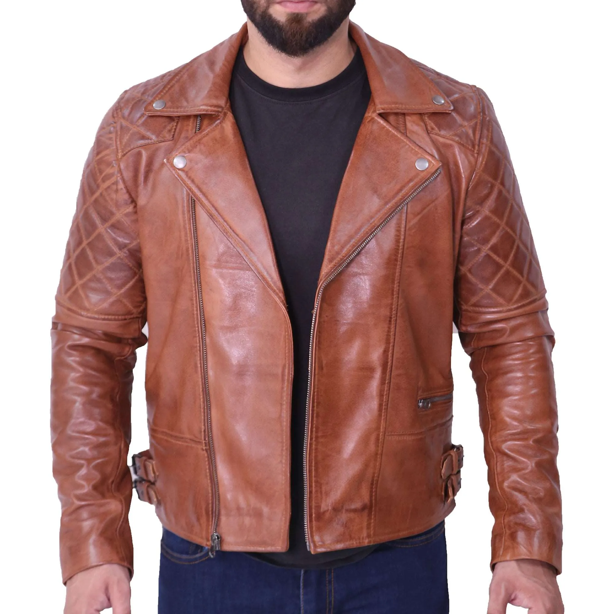 Mens Brown Quilted Asymmetrical Leather Jacket - Biker Style