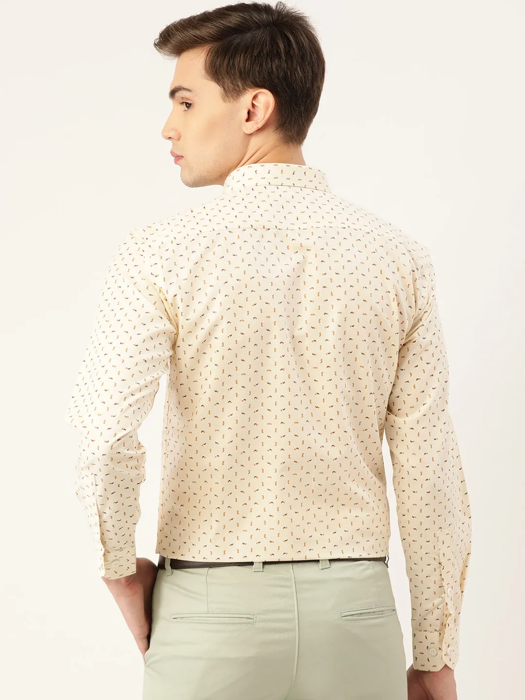 Mens Cotton Beige Printed Formal Shirt - Sojanya