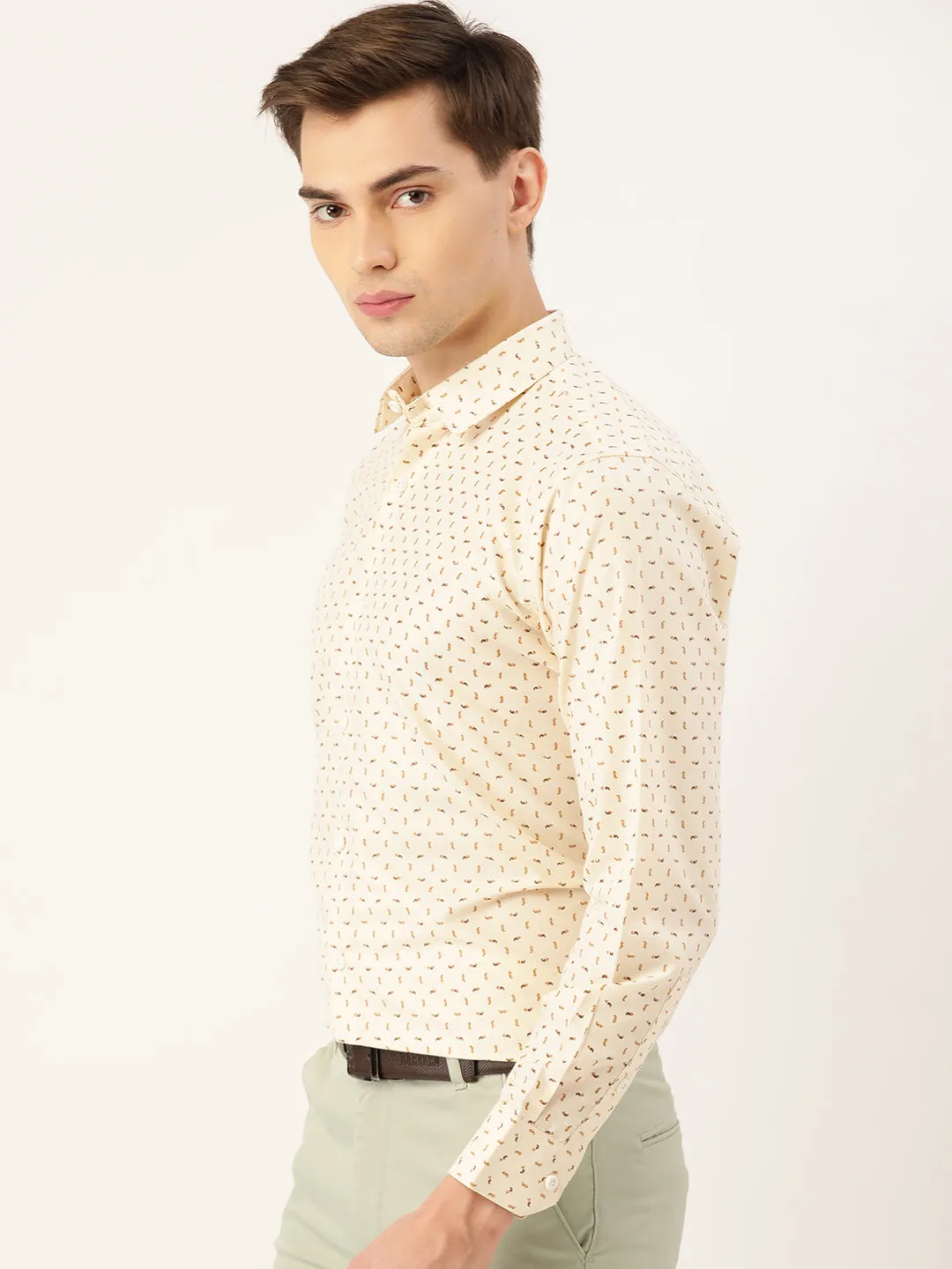 Mens Cotton Beige Printed Formal Shirt - Sojanya