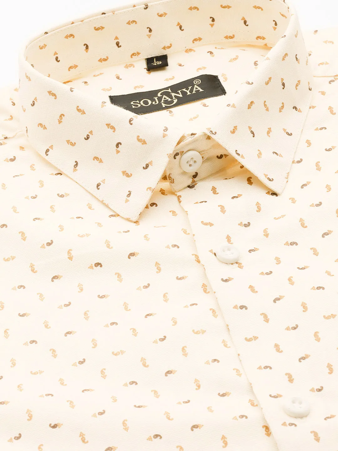 Mens Cotton Beige Printed Formal Shirt - Sojanya