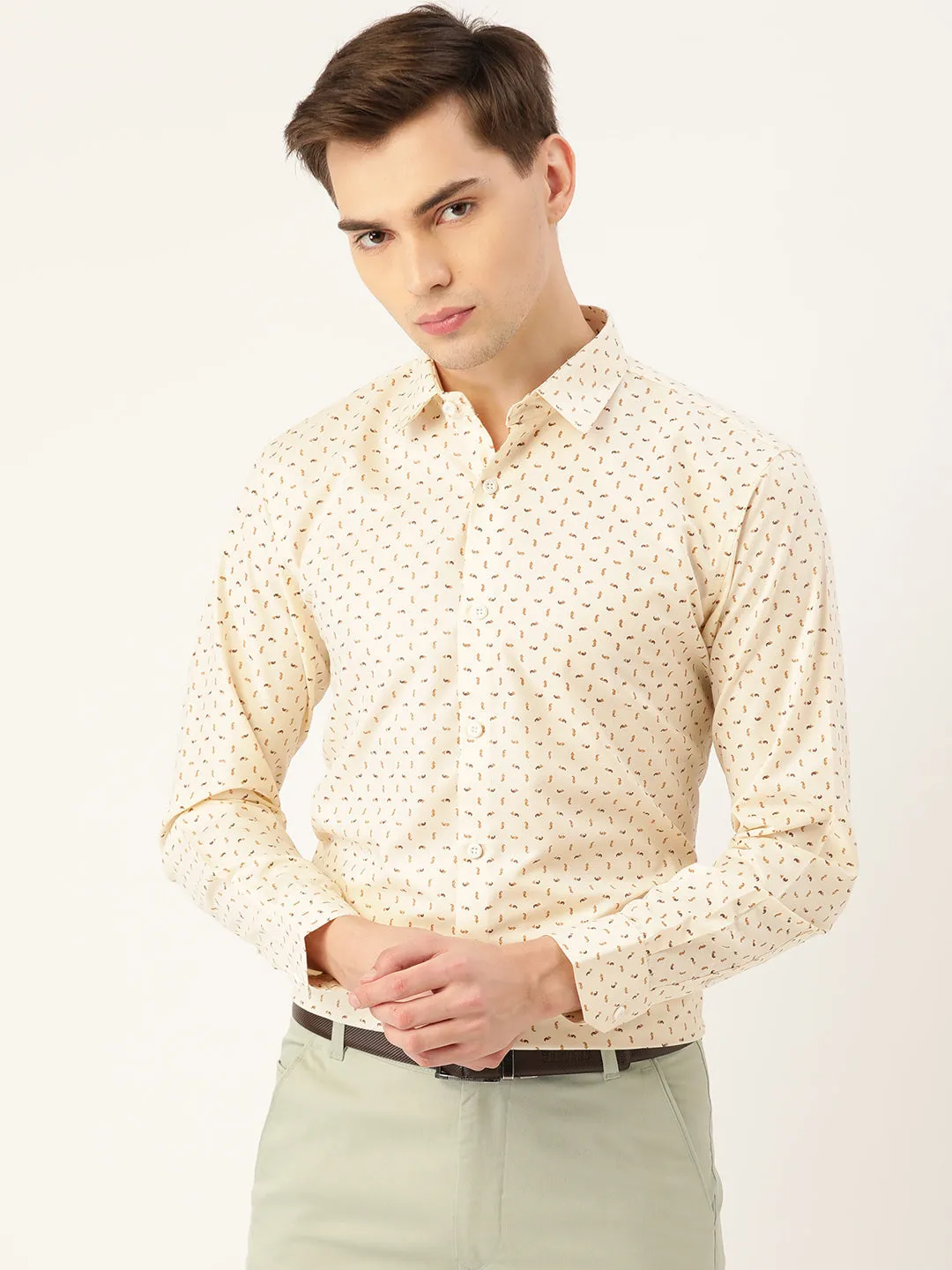 Mens Cotton Beige Printed Formal Shirt - Sojanya