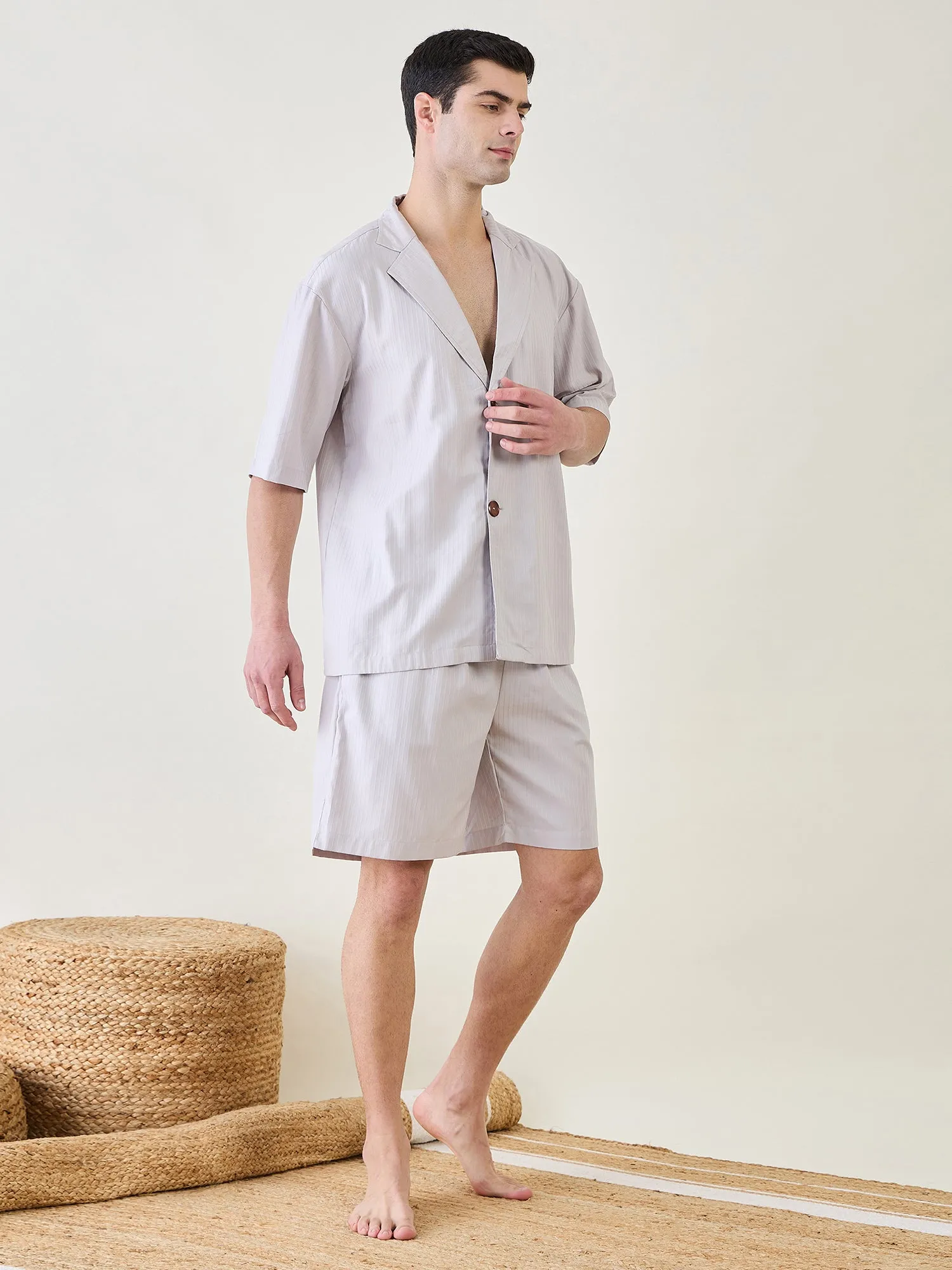 Mens Grey Collar Shirt and Shorts Set