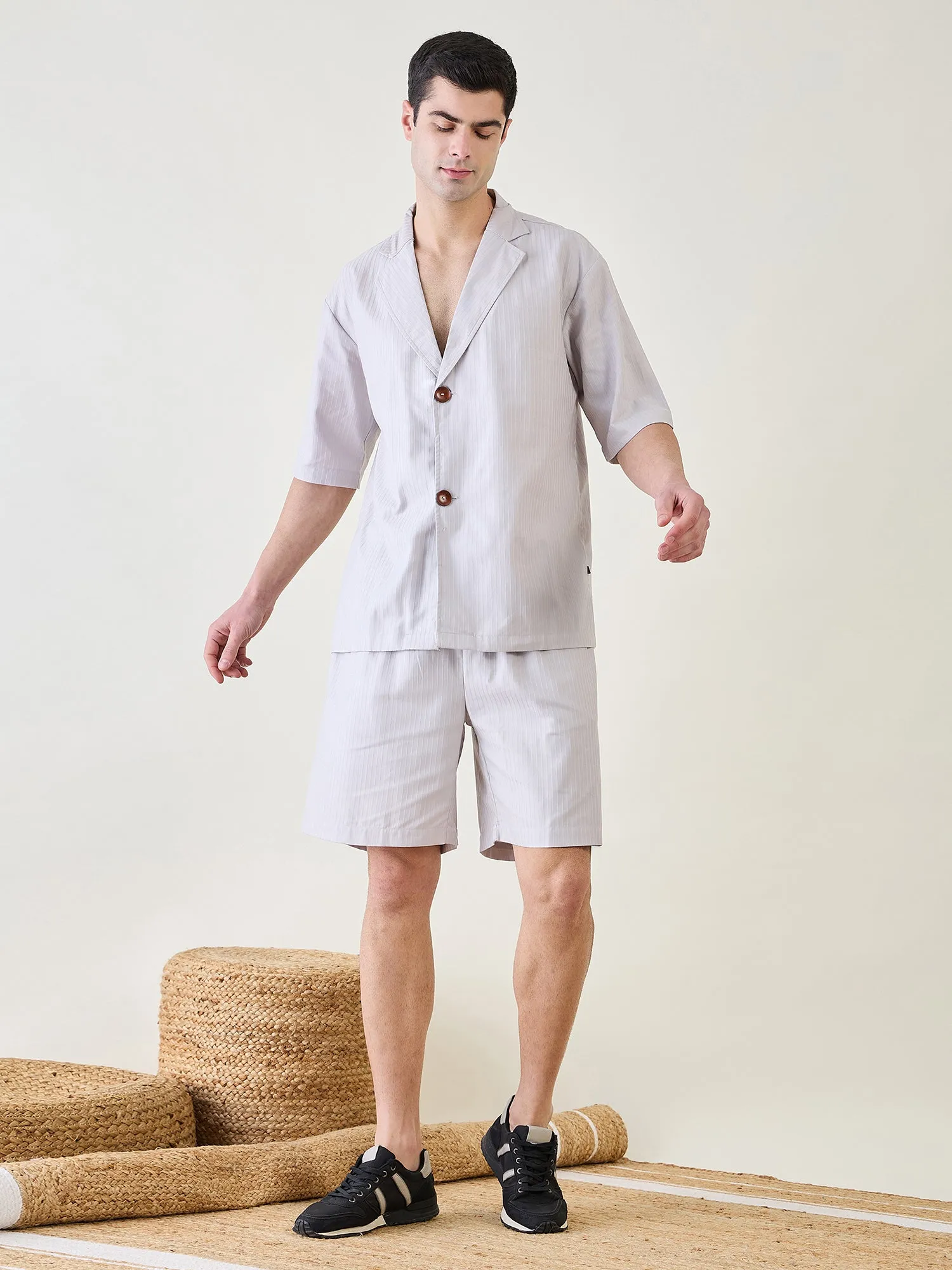 Mens Grey Collar Shirt and Shorts Set