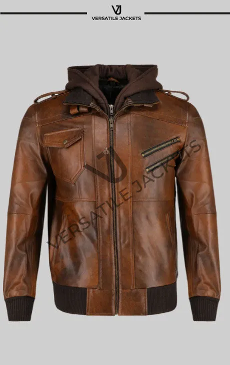 Men’s Hooded Brown Biker Leather Jacket