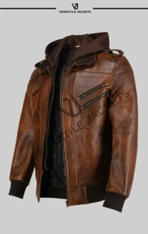 Men’s Hooded Brown Biker Leather Jacket