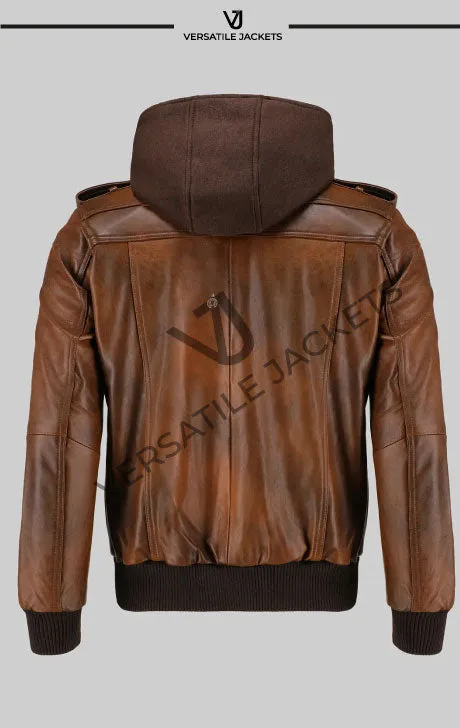 Men’s Hooded Brown Biker Leather Jacket