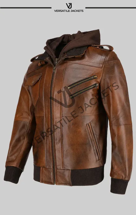 Men’s Hooded Brown Biker Leather Jacket