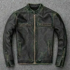 Men’s Motorcycle Biker Vintage Distressed Black Faded Real Leather Jacket