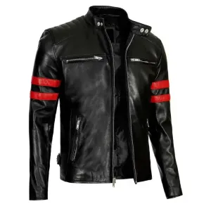 Men's Red Stripe Cafe Racer Hunter Biker Motorcycle Vintage Leather Jacket