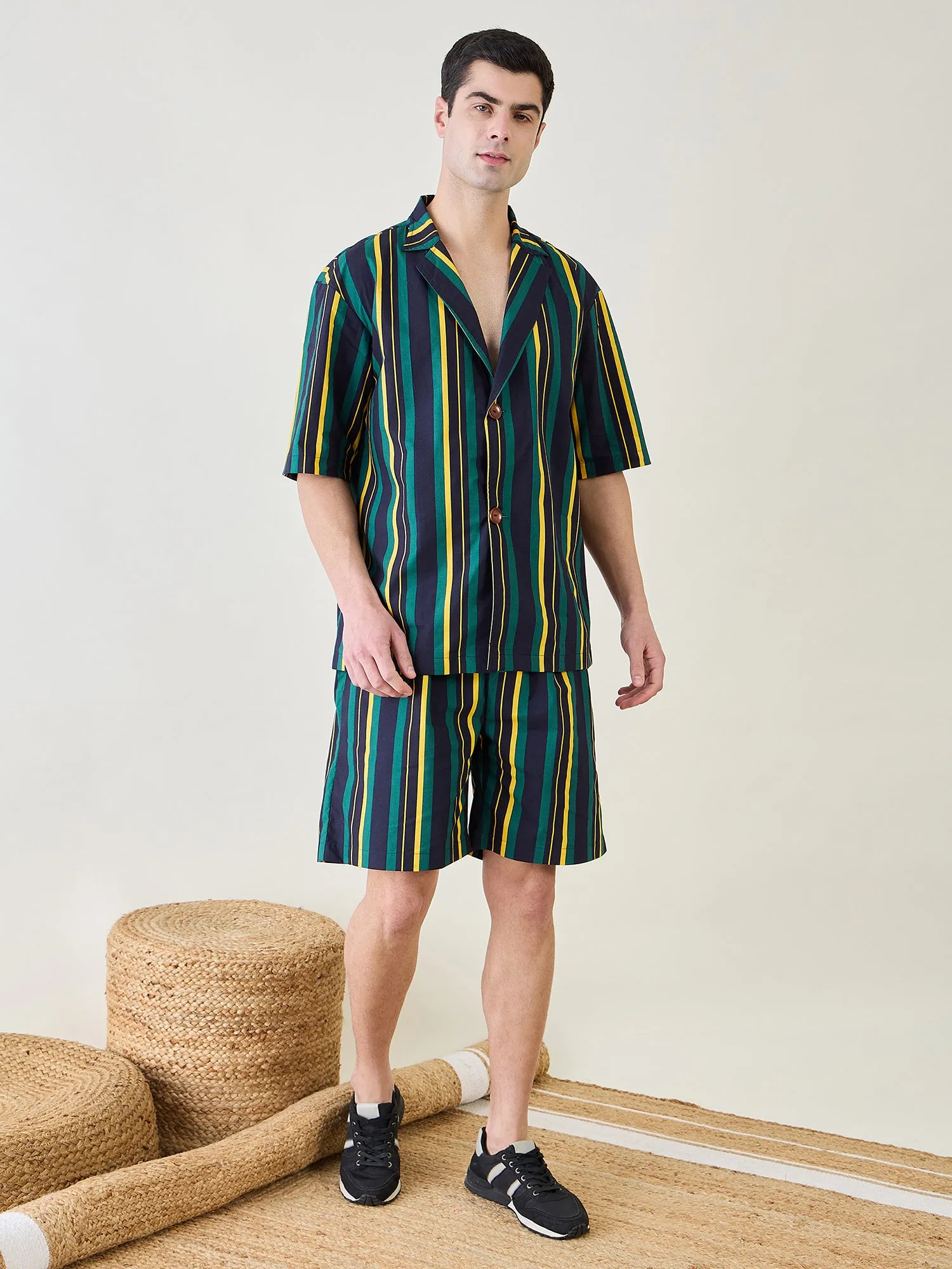 Mens Striped Collar Shirt and Shorts Set