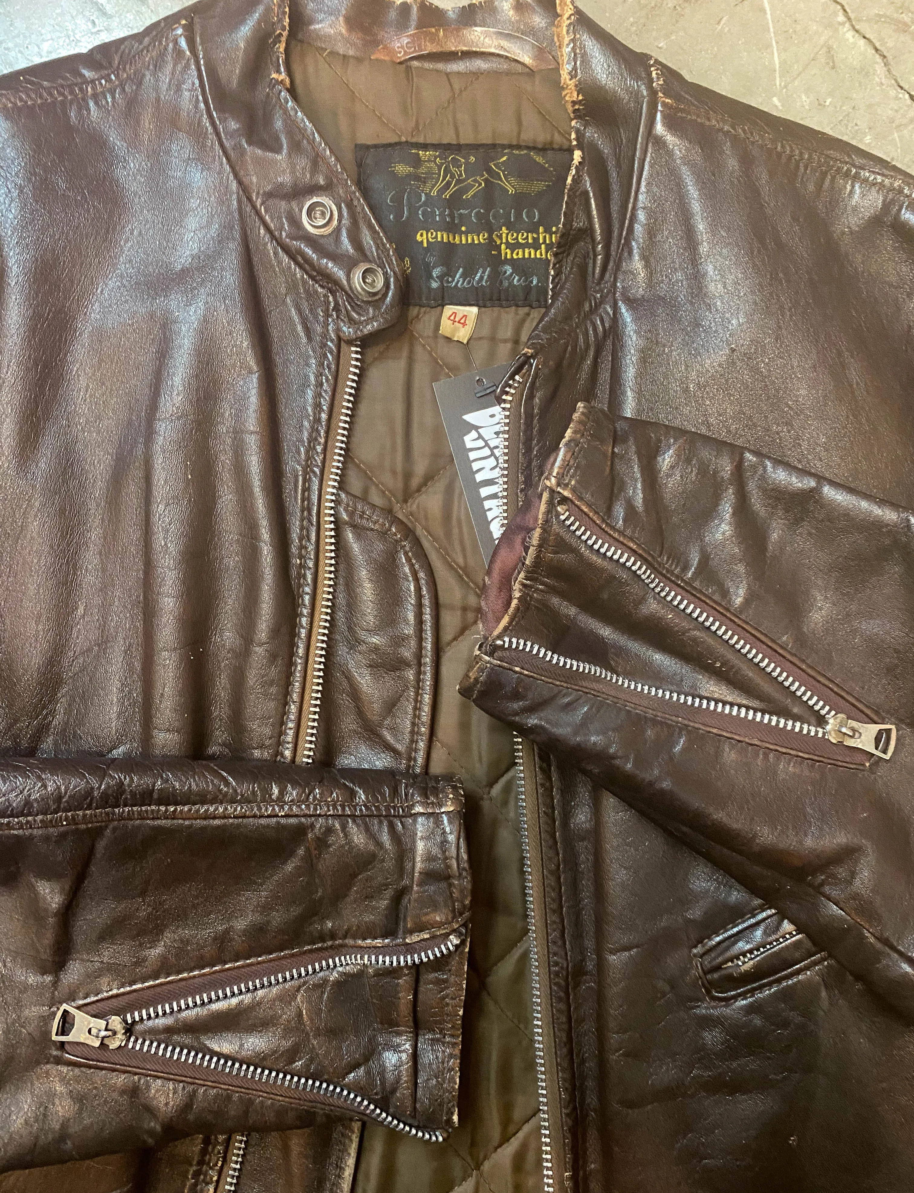 Men's Vintage 70's Perfecto Schott Brothers Leather Jacket Cafe Racer Brown Size 44- Medium/Large