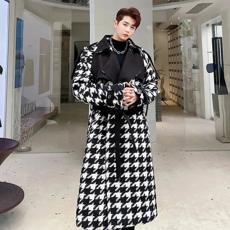 Men's Vintage Plaid Thickened Trench Coat New Loose Notched Double Breasted Windbreaker With Belt Autumn Winter Cloth