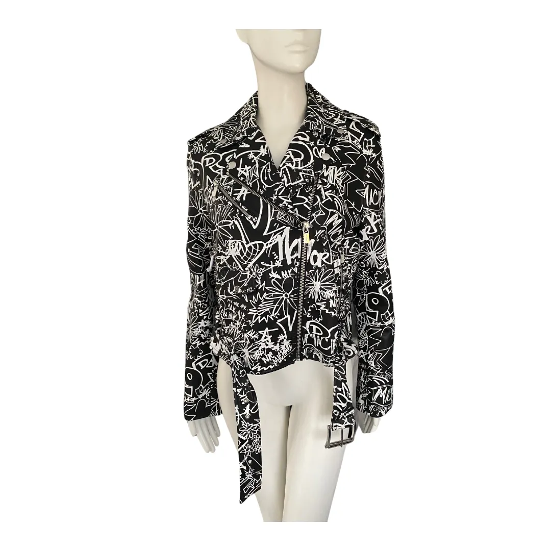 MICHAEL KORS Graffiti Leather Biker Jacket Black White SIZE L